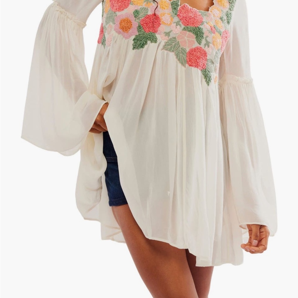 Free People Cream Embellished Tunic with Bell Sleeves Madeline Bell Sleeve Tunic